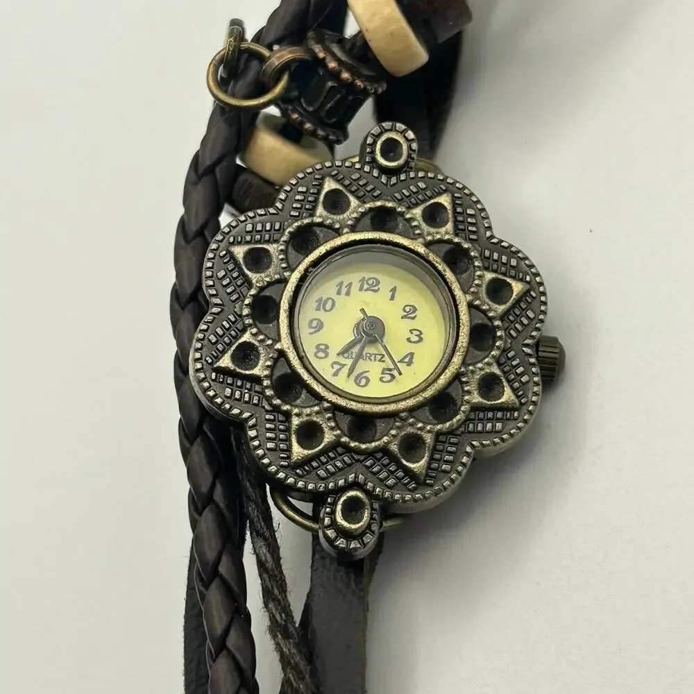Women’s Bohemian Braided Beaded Brown Leather Watch Working New Battery